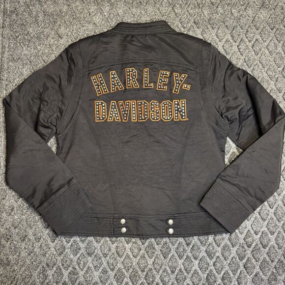 Harley Davidson Women’s S Black Crop Riding Jacket Rhinestone Logo - Picture 1 of 14